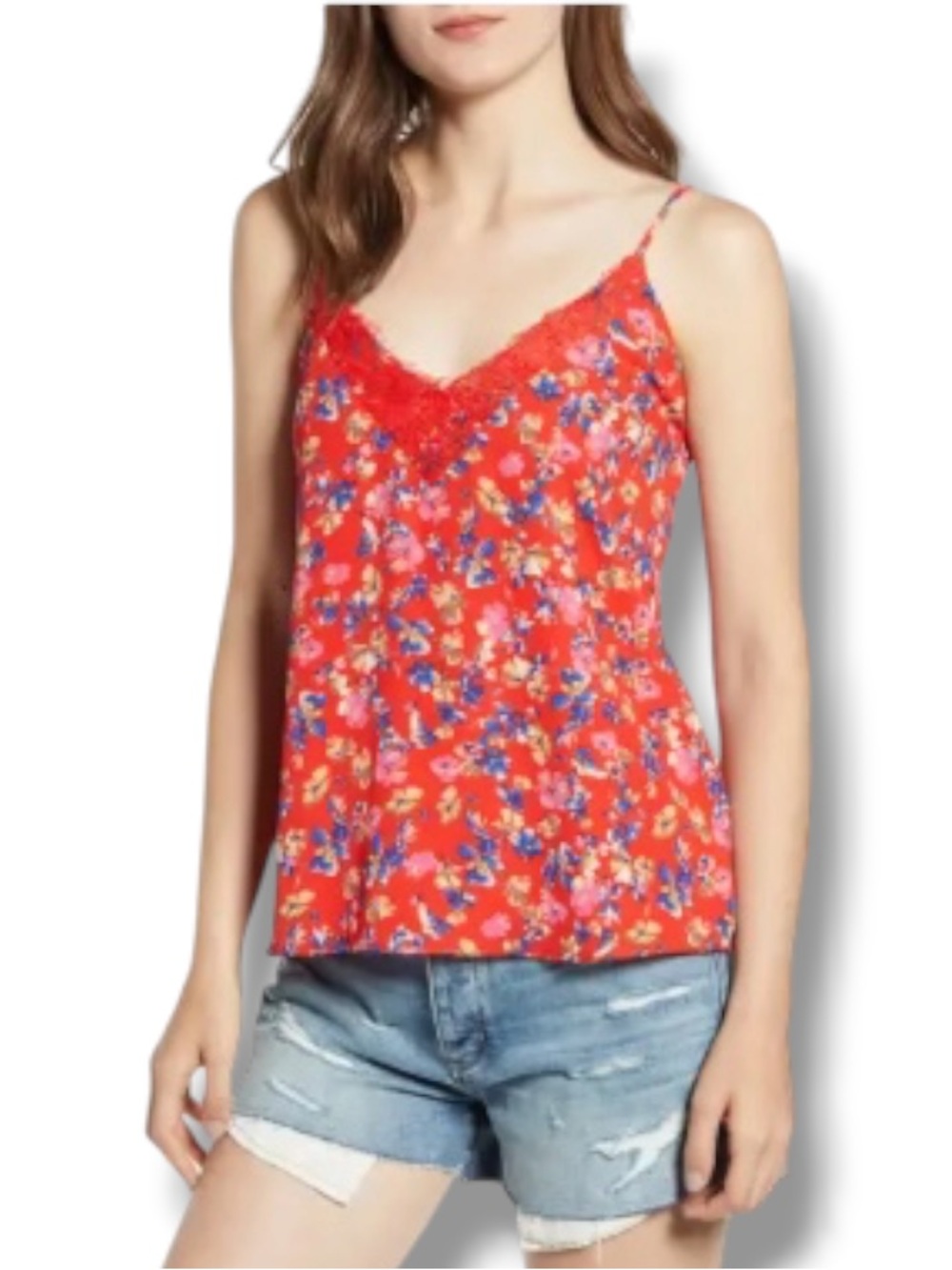 Socialite Women’s Lace Trim Detail Camisole Red Floral Dressy Top